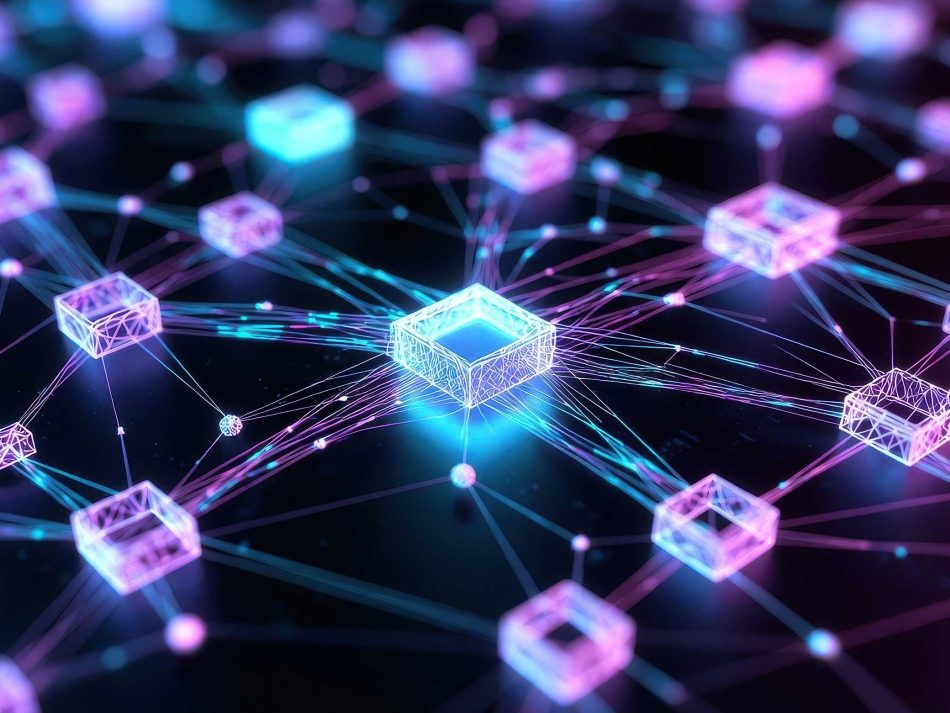 Abstrakte 3D-Visualisierung eines digitalen Netzwerks mit einem zentralen Knotenpunkt, die IT-Orchestrierung und Container-Management symbolisiert.