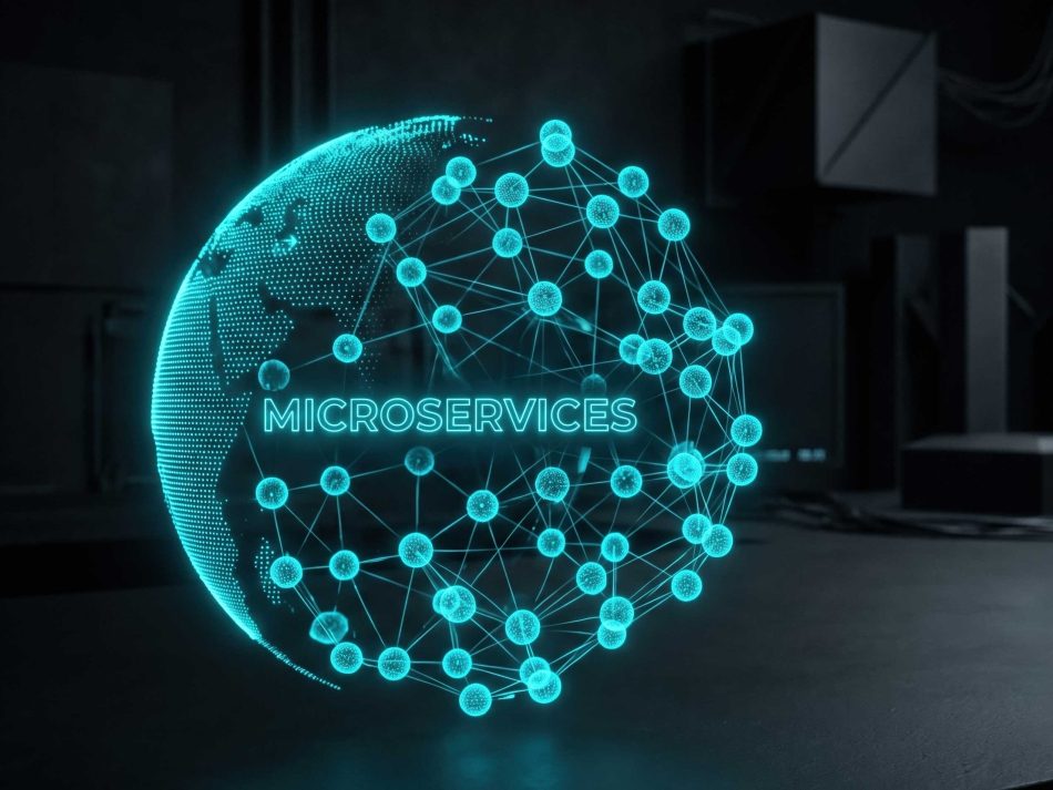 3D visualization of a microservices architecture as a glowing network on a globe inside a modern cloud data center.
