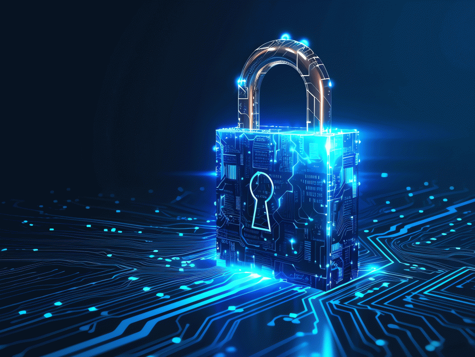 Ein futuristisches, blau leuchtendes Vorhängeschloss auf einer digitalen Platine als Symbol für Cloud Security-Standards.