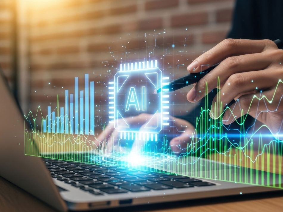 Person working on a laptop with an overlaid AI processor symbol and performance charts for developing AI models.