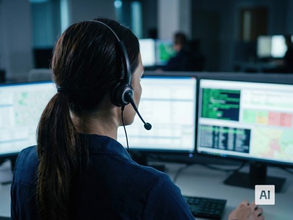 Rear view of a woman wearing a headset, working in a dimly lit control center in front of multiple monitors displaying technical data, charts, and maps. An "AI" watermark is in the bottom right corner.
