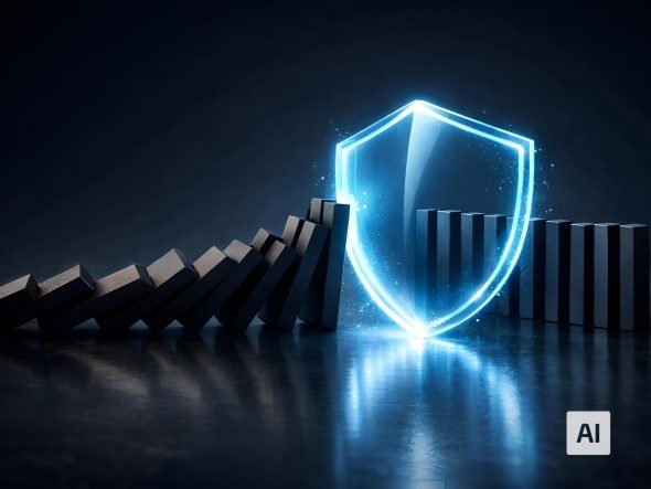 A close-up of a line of fallen black dominoes stopped by an upright, glowing blue security shield. The background is dark and blurred. This image was generated with AI.