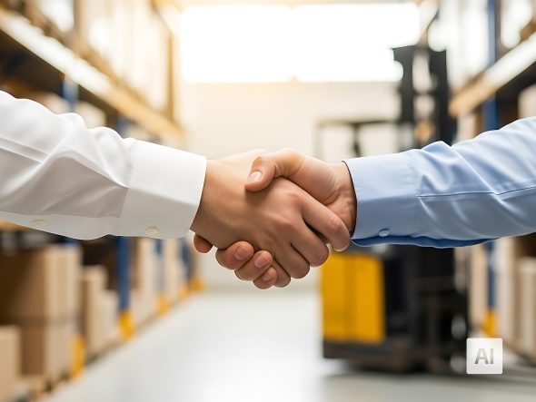 A close-up of a handshake between two people in shirt sleeves, taken in an aisle of a large warehouse. The background shows filled shelves and a blurred forklift. This image is AI-generated.