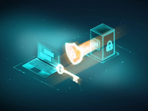 Illustration zu Client-Side Encryption: Ein Laptop mit digitalem Schlüssel und Schutzschild überträgt verschlüsselte Daten sicher an einen Server.