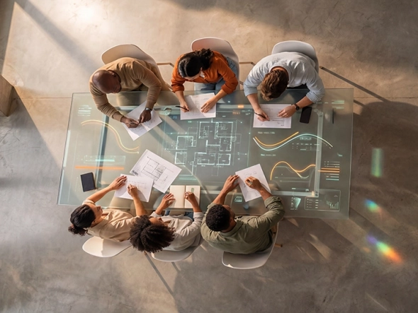 Draufsicht auf ein diverses Team, das an einem transparenten Glastisch sitzt und gemeinsam an einem digitalen Grundriss und Datenanalysen arbeitet.