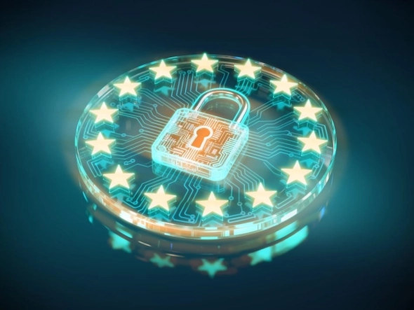 Leuchtendes Vorhängeschloss auf einem EU-Sternenkreis mit Platinen-Struktur als Symbol für digitale Souveränität und höchste Datensicherheit in der europäischen Cloud.