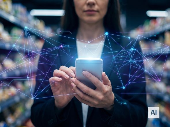 A woman in a black blazer holds and operates a smartphone, with a complex digital network of glowing blue and purple connecting lines overlaid on the device and her hands. The blurred background shows supermarket shelves. This image is AI-generated.