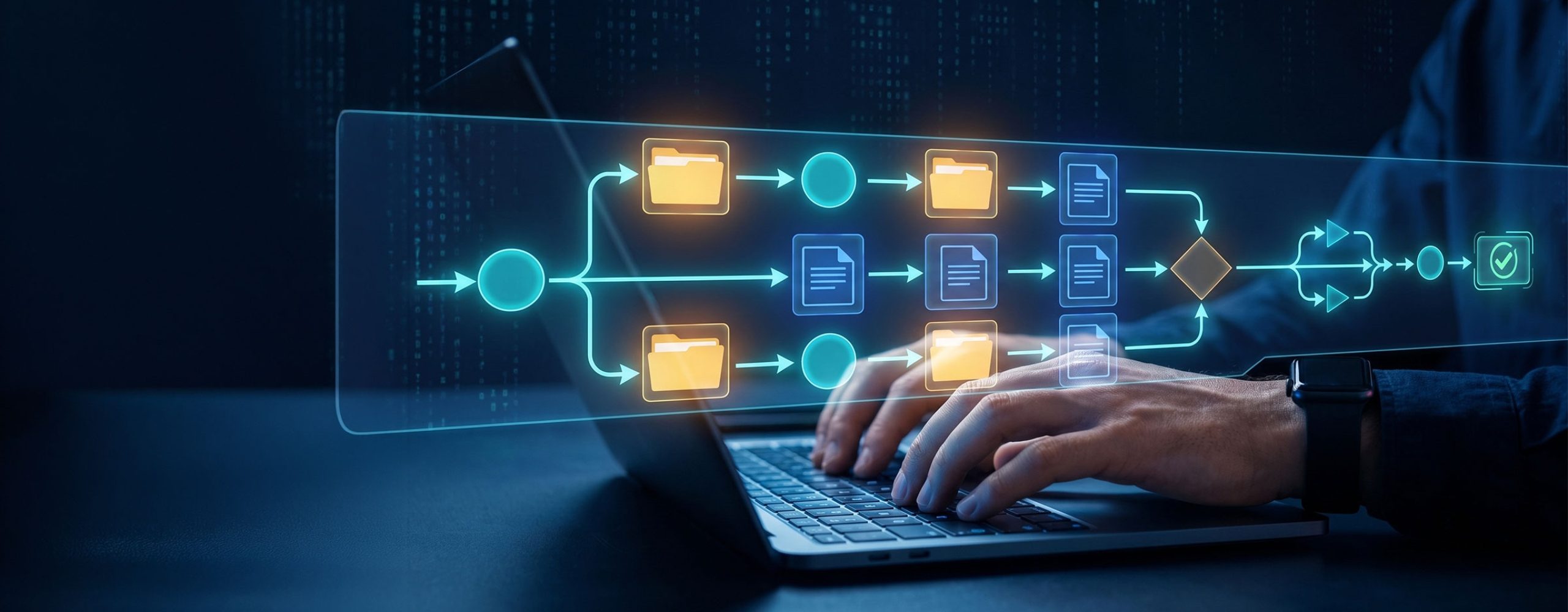 Person typing on laptop with a floating digital flowchart overlay visualizing process automation, workflow management, and document flow.