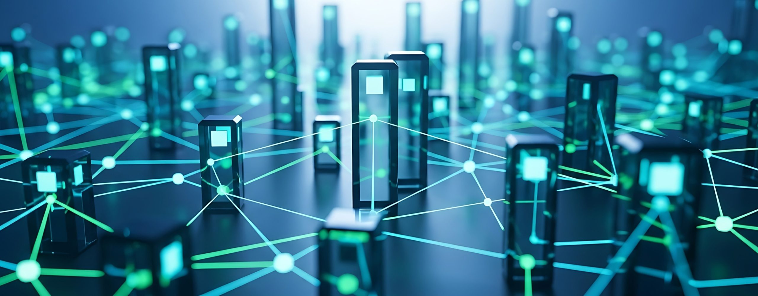 Futuristische, stilisierte 3D-Darstellung einer vernetzten Struktur aus leuchtenden Säulen und verbundenen Datenpunkten. Symbolisiert Data Center, Netzwerke, IoT-Konnektivität und Big Data-Architektur.