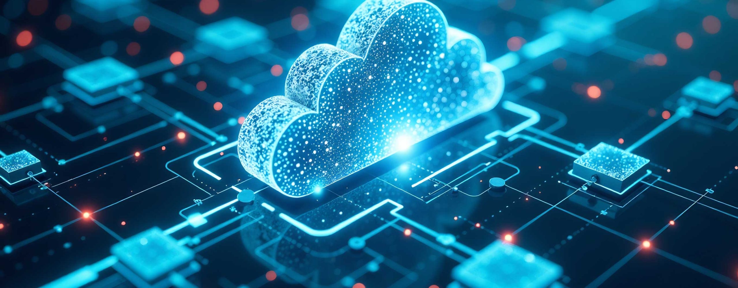 Cloud Computing und Datennetzwerk auf einer digitalen Platine mit verbundenen Knotenpunkten