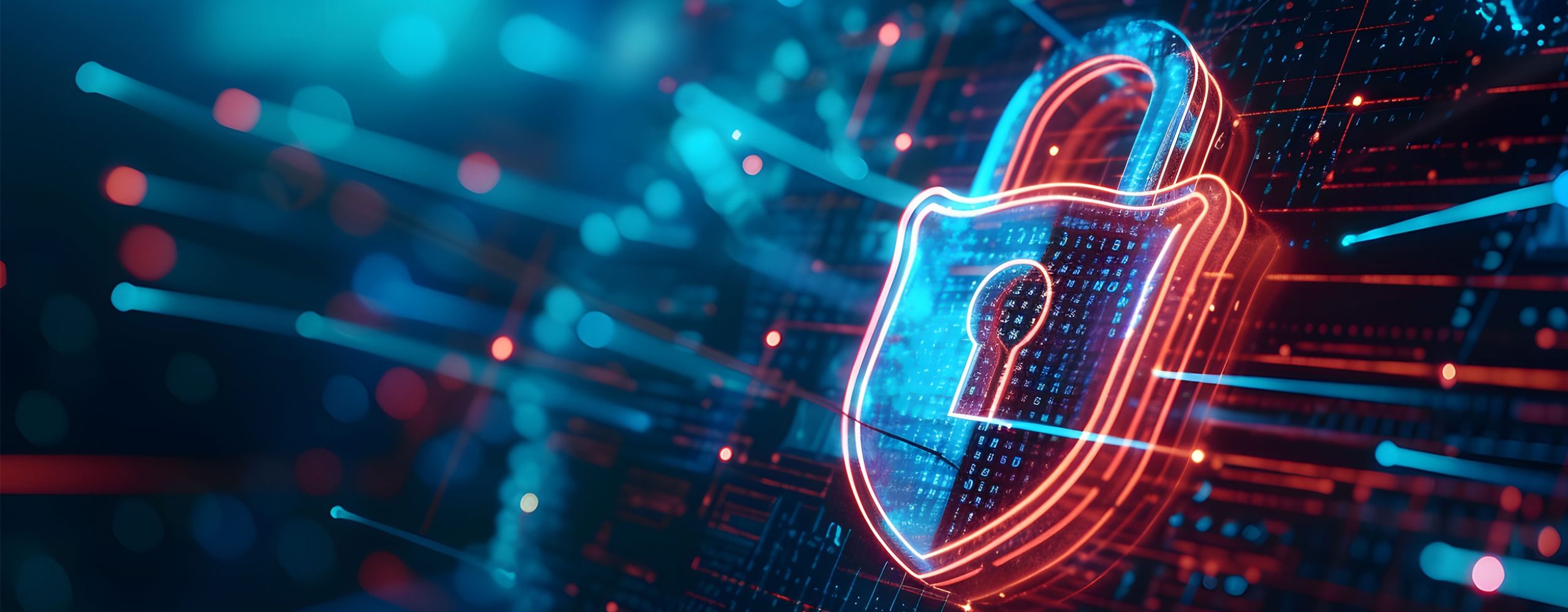 A futuristic digital illustration of a glowing padlock embedded in a complex network of data streams, light points, and binary code. The color scheme is predominantly blue and red with dynamic lighting effects.