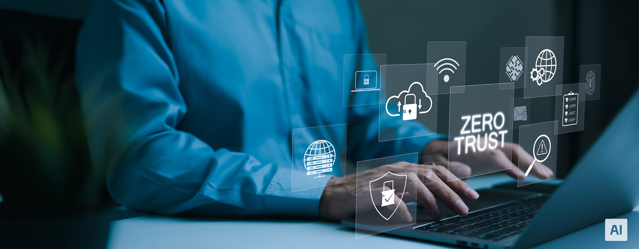 Person typing on a laptop with glowing holographic icons representing Zero Trust security, cloud storage, and data protection.