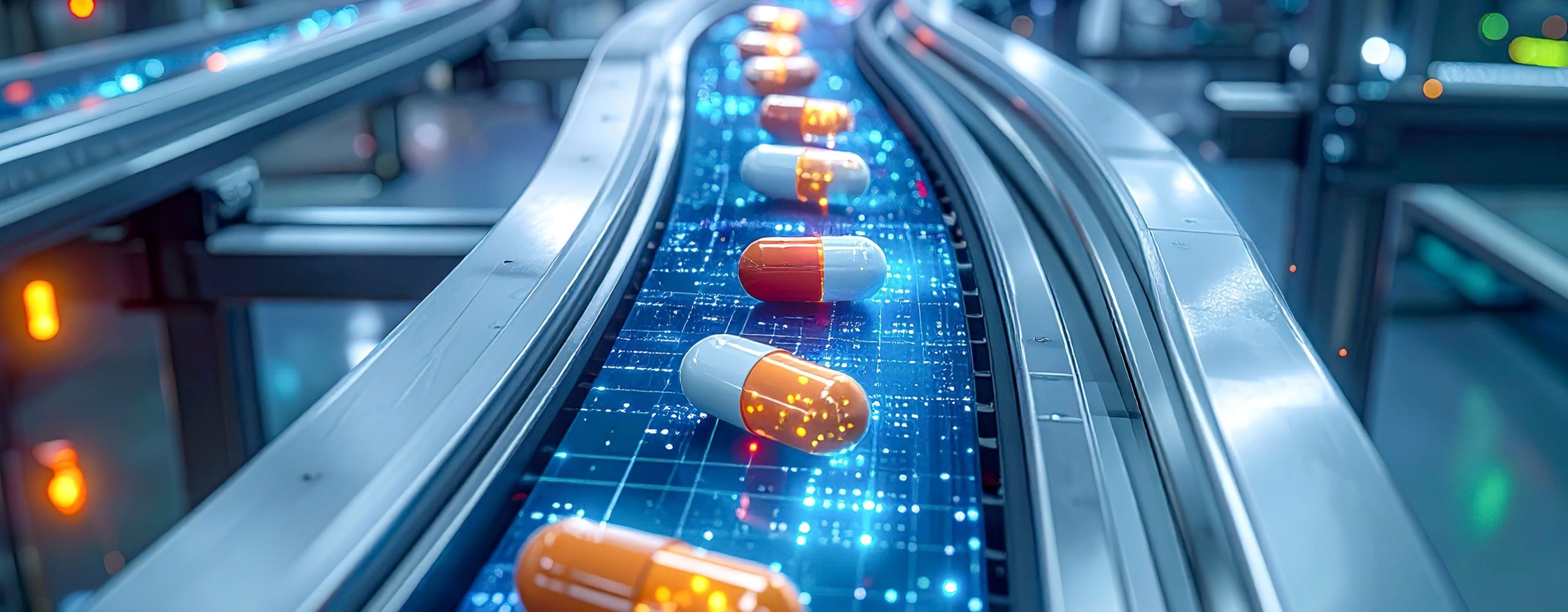 Automated pharmaceutical manufacturing line with capsules on a digital conveyor belt – smart pharma production and Industry 4.0.