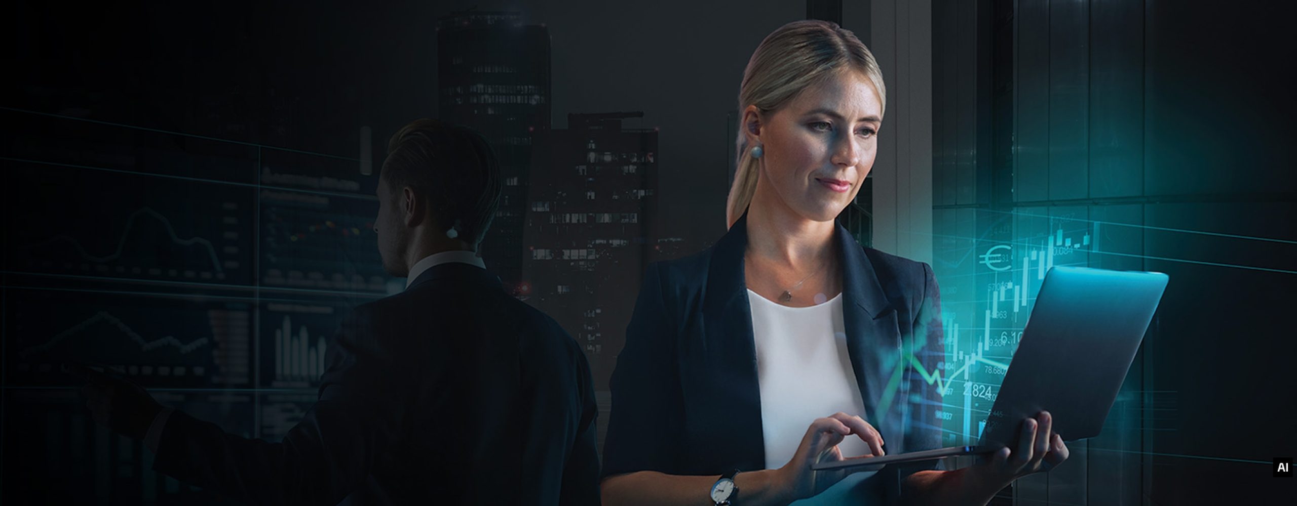 Geschäftsfrau analysiert digitale Finanz- und Aktienkurse auf einem Laptop.