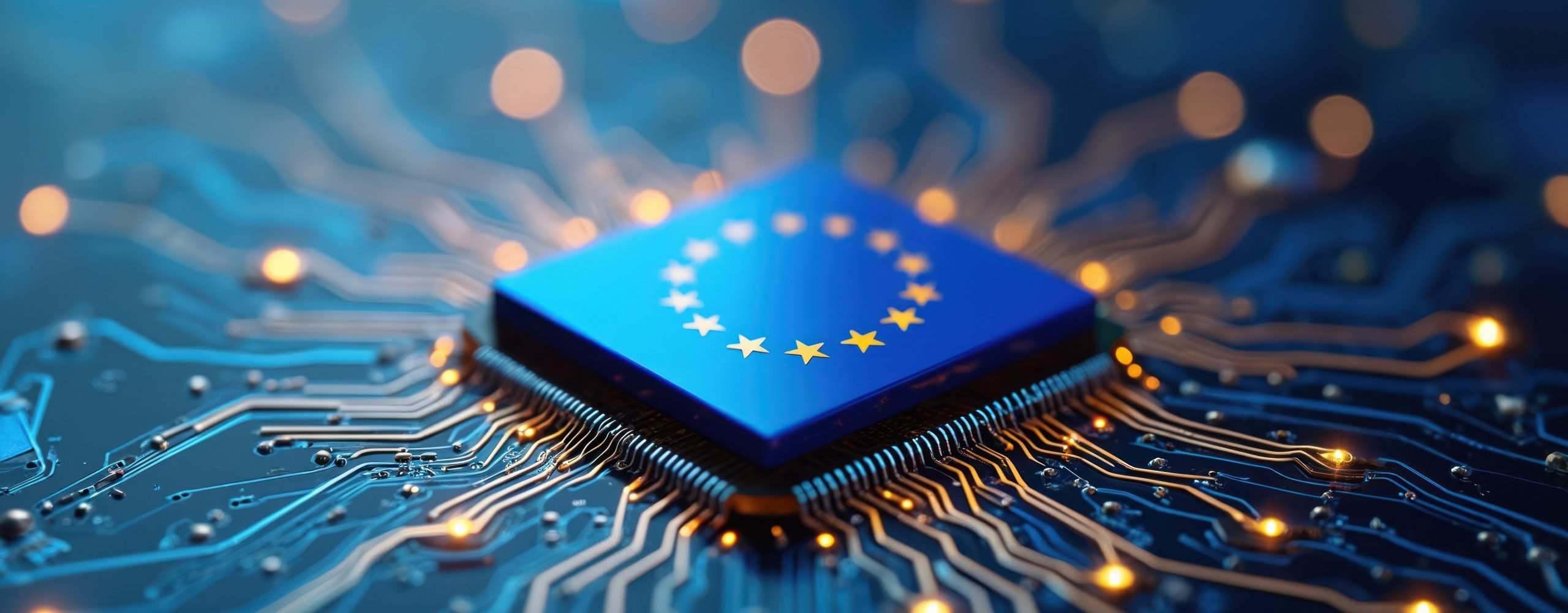 Europäische Flagge auf einem Mikrochip-Design mit dem Text: EU-Kommission entscheidet sich für STACKIT – Meilenstein für die digitale Souveränität Europas. Logo von Schwarz Digits oben rechts.
