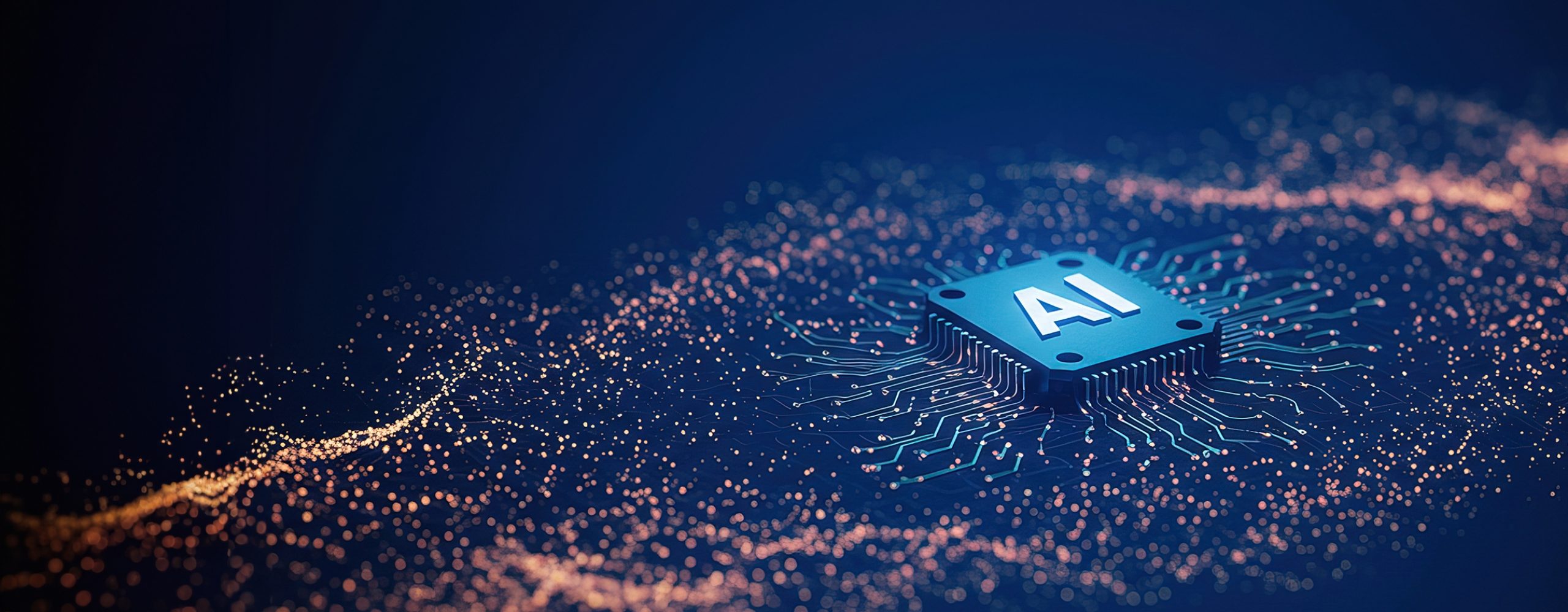 Central microchip (processor) labeled "AI" resting on a circuit board. It is surrounded by glowing data particles and circuitry. Symbolizes Artificial Intelligence, Big Data, and machine learning.