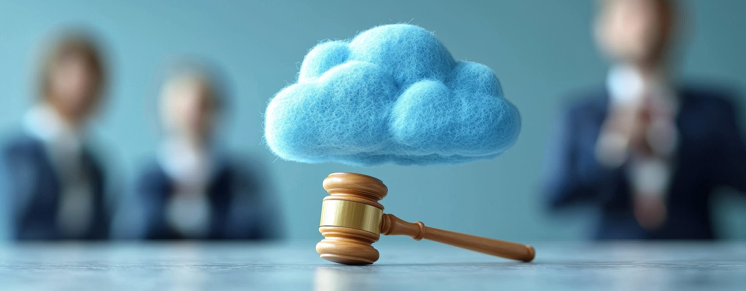 Gerichtshammer und eine schwebende, flaumige, blaue Wolke, symbolisieren Cloud-Gesetzgebung, Cloud-Compliance und Datensouveränität in der IT-Rechtsprechung.
