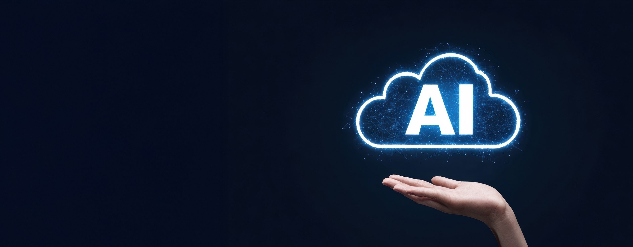 Gerne, hier sind die Alt-Texte für die drei neu hochgeladenen Bilder, jeweils auf Deutsch und Englisch:  1. ☁️ Bild: Hero-Cloud-AI.jpg 🇩🇪 Deutsch: Eine Hand hält eine leuchtende, blau-weiße, digitale Wolkenform, in deren Mitte die weißen Großbuchstaben "AI" (Künstliche Intelligenz) zu sehen sind. Das Bild symbolisiert Cloud Computing und KI-Technologie.