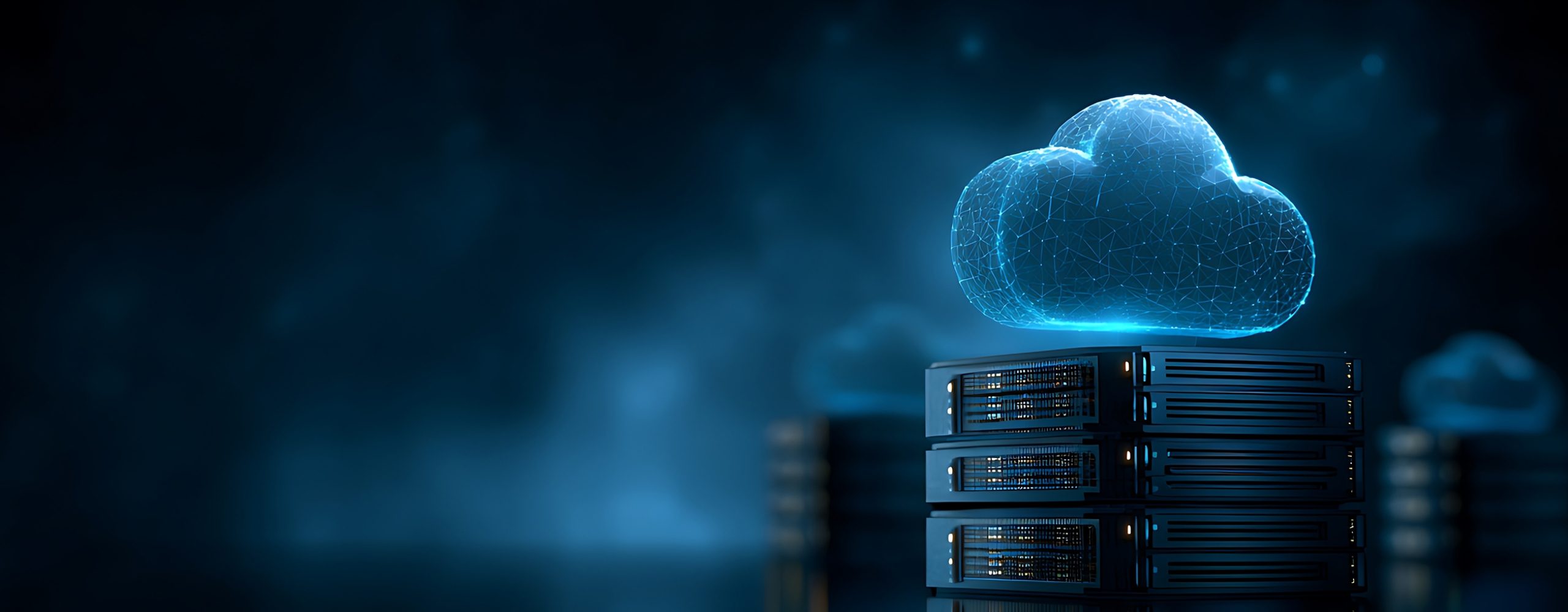 Futuristic server rack with a digital cloud representing VPS hosting and cloud computing solutions.