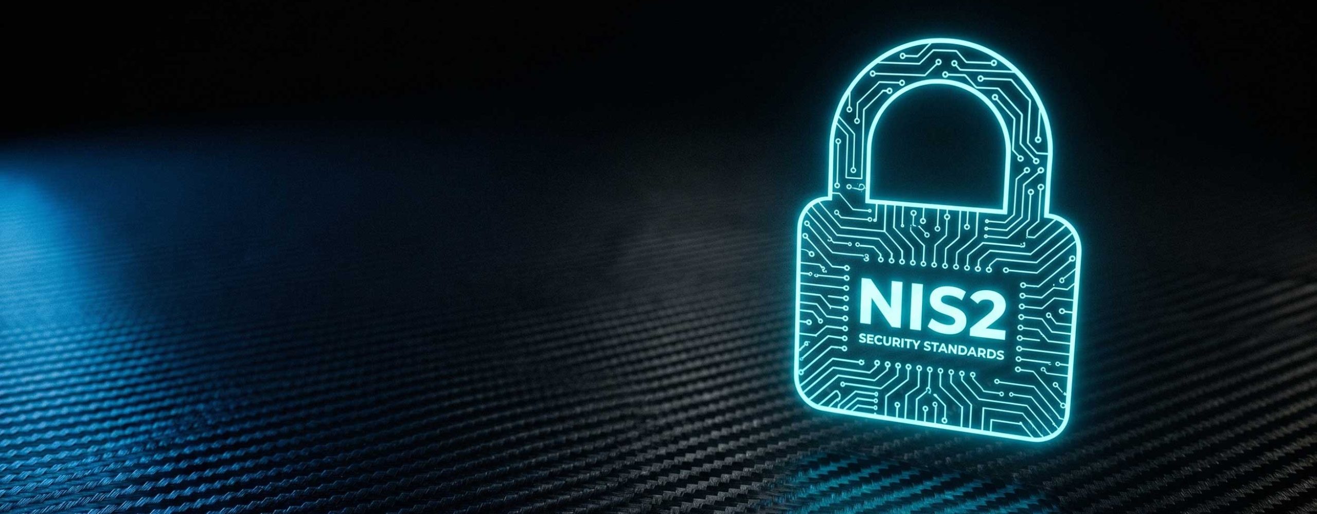 Holographic, glowing cyan padlock with an integrated circuit pattern and the text 'NIS2 SECURITY STANDARDS' on a dark carbon fiber texture, symbolizing the EU directive for cybersecurity.