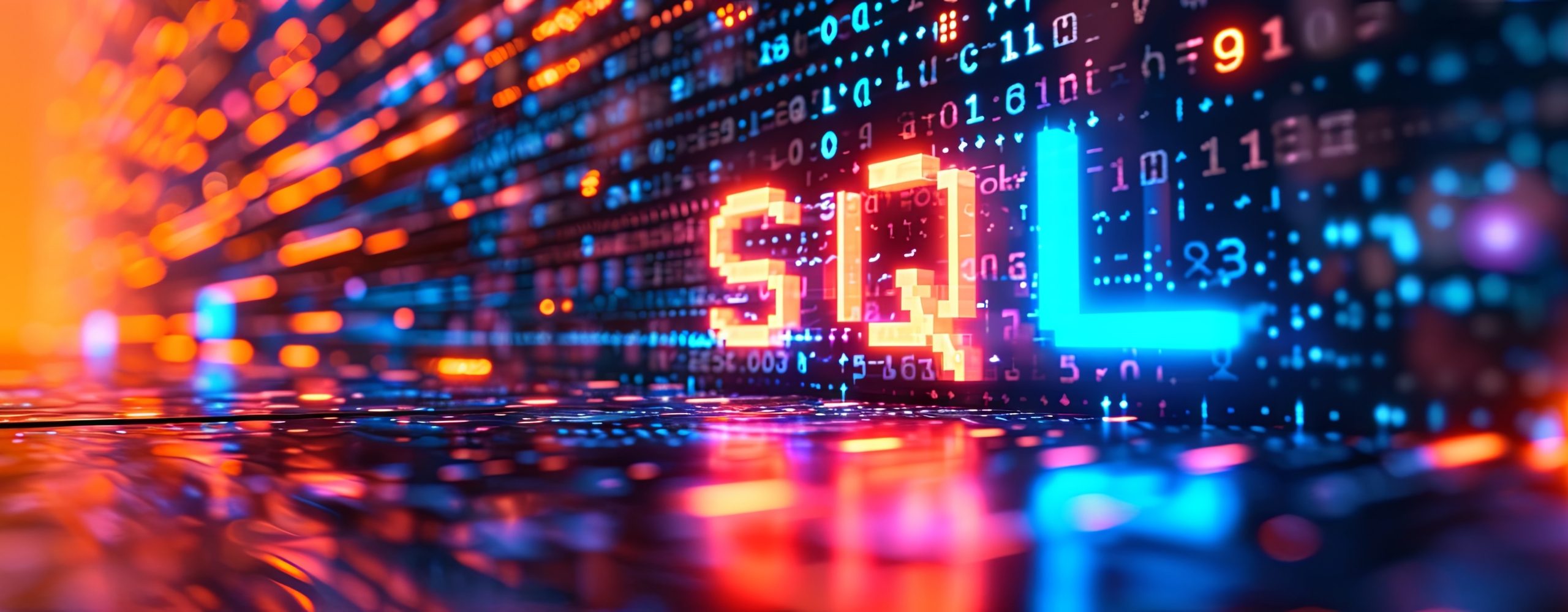 Digitaler Hintergrund mit leuchtendem SQL-Code für Programmierung und Datenverarbeitung
