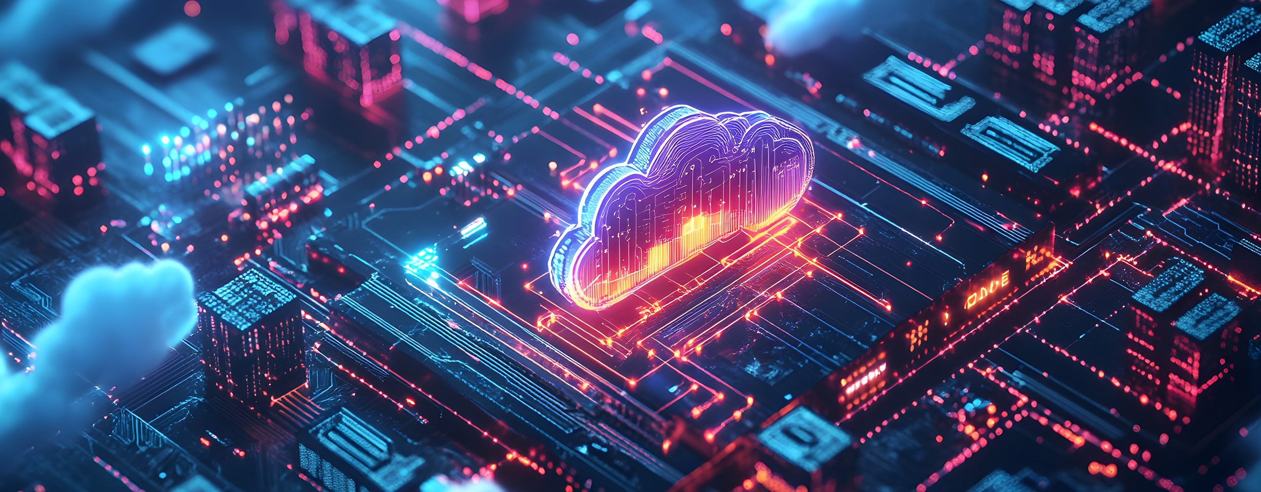 A luminous, violet and orange cloud icon is embedded in a complex, futuristically illuminated circuit board. The scene, dominated by blue and red light trails, symbolizes cloud computing, orchestration, and digital infrastructure.