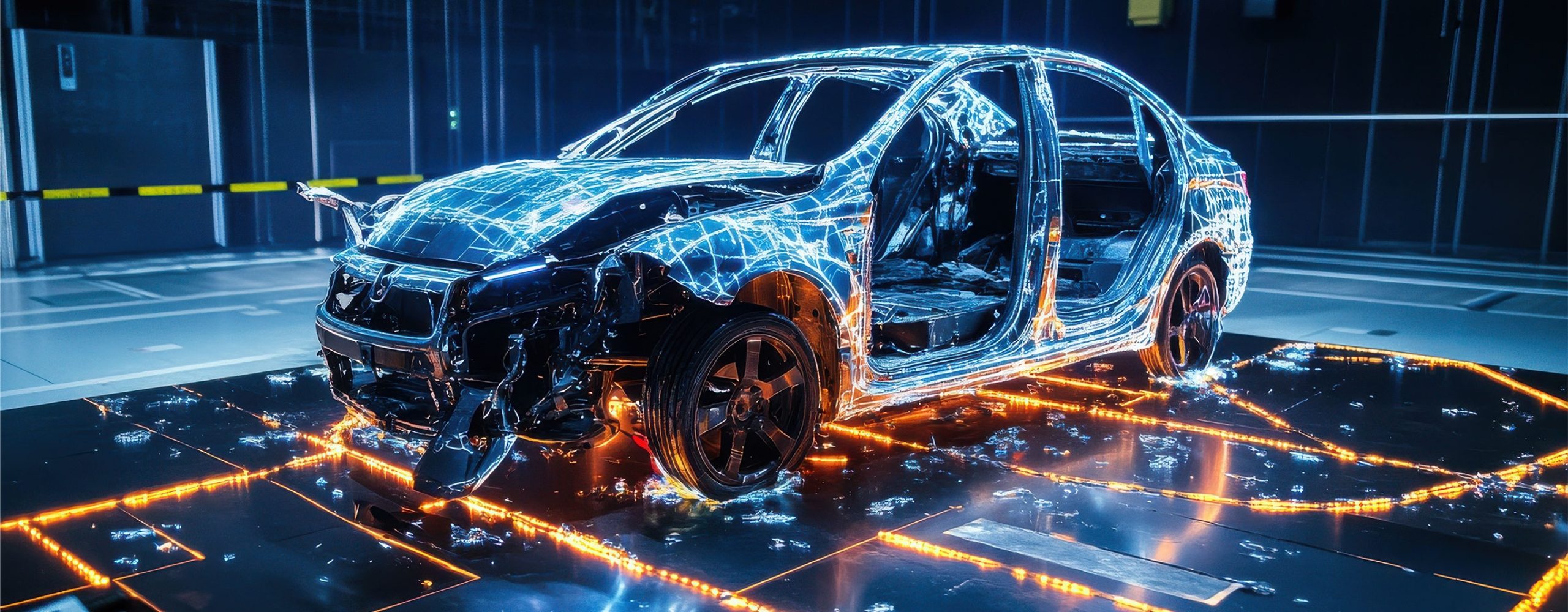 Digitales 3D-Drahtgittermodell über einem beschädigten Testfahrzeug zur KI-gestützten Crashtest-Analyse und virtuellen Simulation.