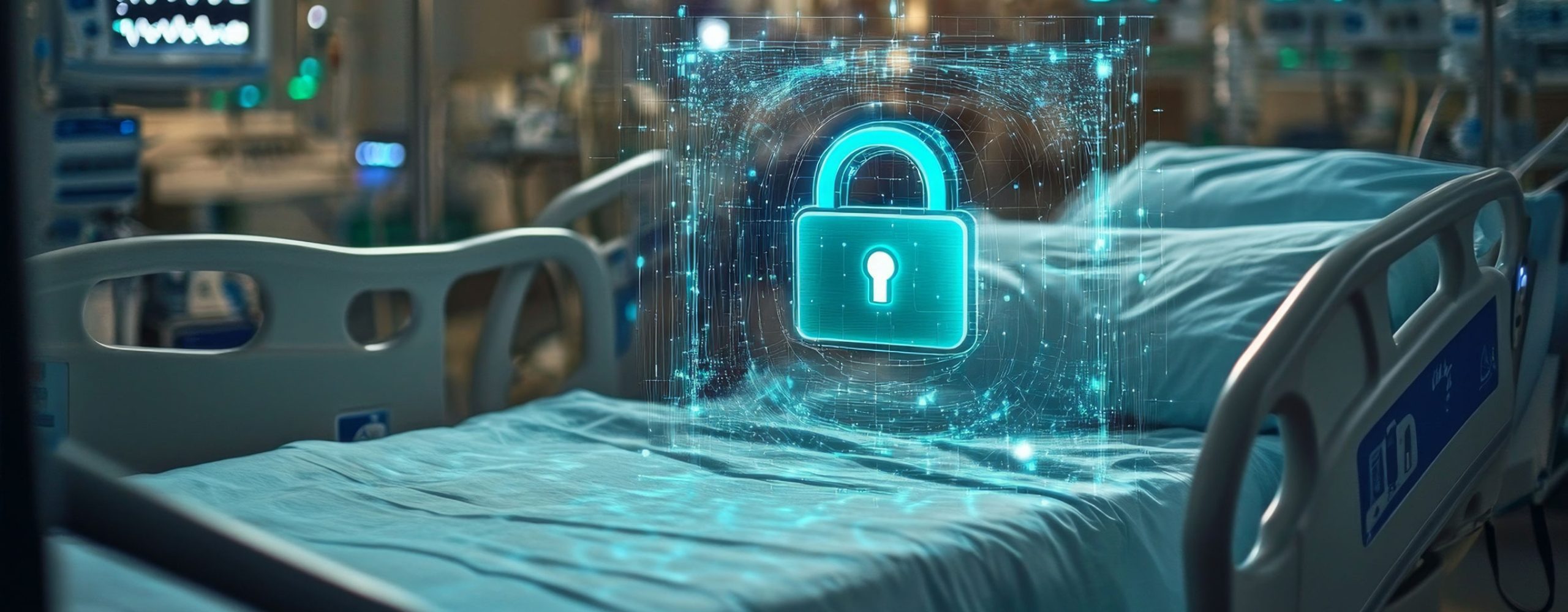Hospital bed with a glowing digital padlock symbol representing IT security and cyber resilience in healthcare.