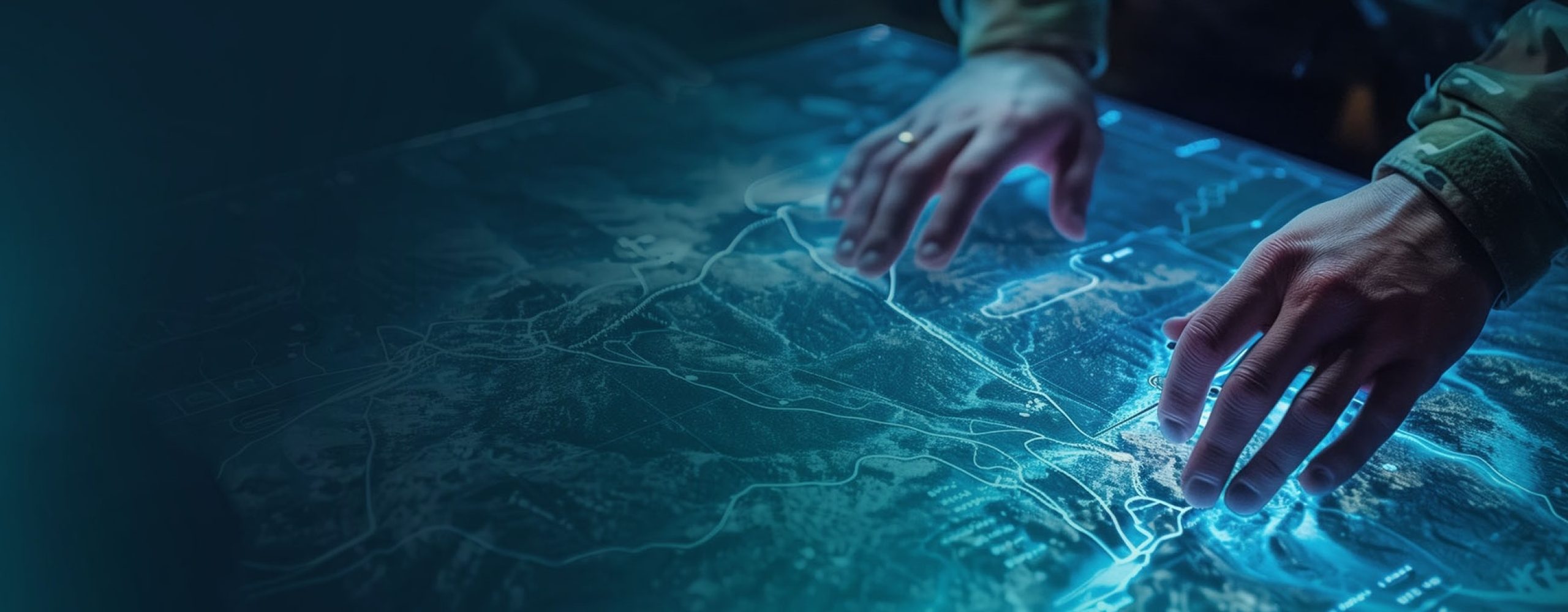 Hände einer Person in Camouflage-Kleidung über einer interaktiven, blau leuchtenden digitalen Landkarte im taktischen Lagezentrum.