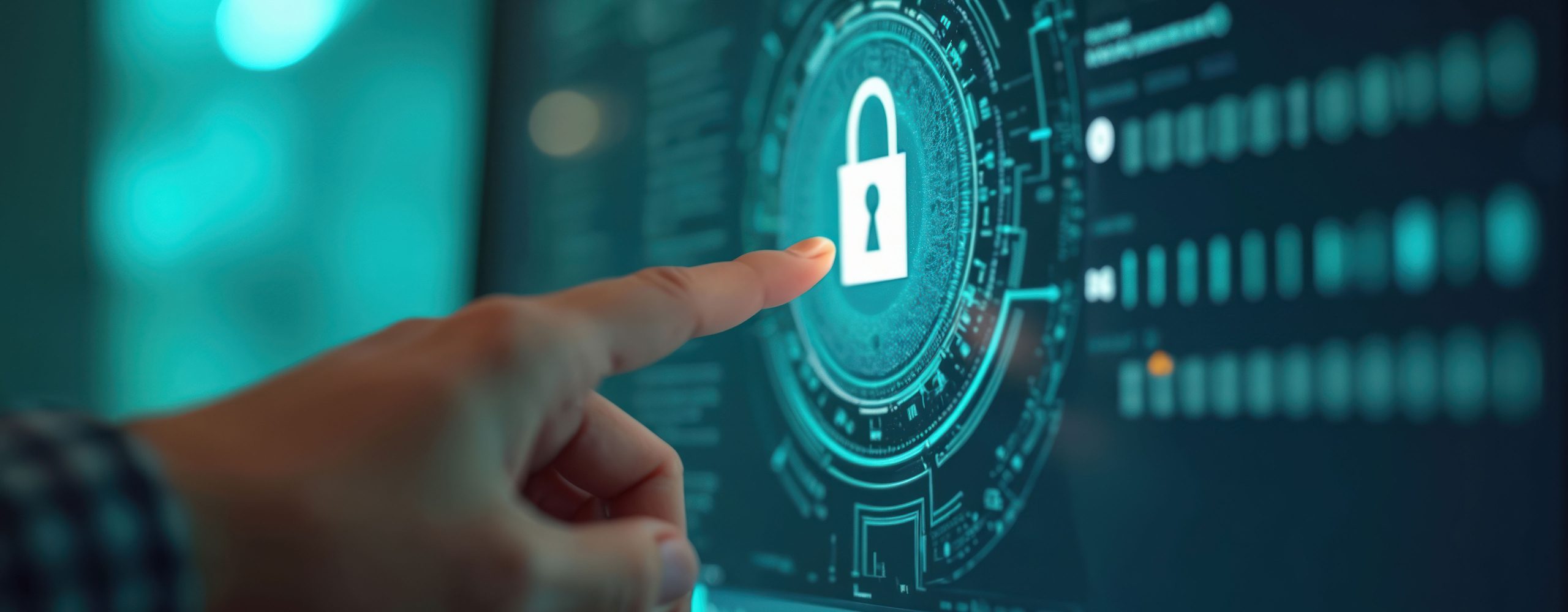 Ein Finger berührt auf einem Laptop-Bildschirm ein leuchtendes digitales Vorhängeschloss in einem futuristischen Kreis-Diagramm. Das Bild symbolisiert Cybersicherheit (Cyber Security), Datenschutz, Online-Sicherheit, Verschlüsselung und den Schutz digitaler Daten.
