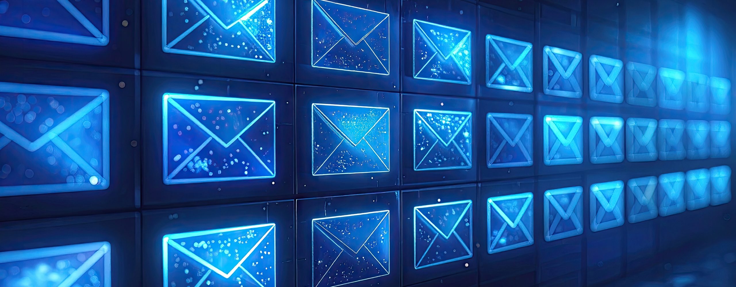 Digital visualization of a wall made up of glowing blue envelope icons. Symbolizes email traffic, messaging, digital communication, and data transfer in a data center or network.