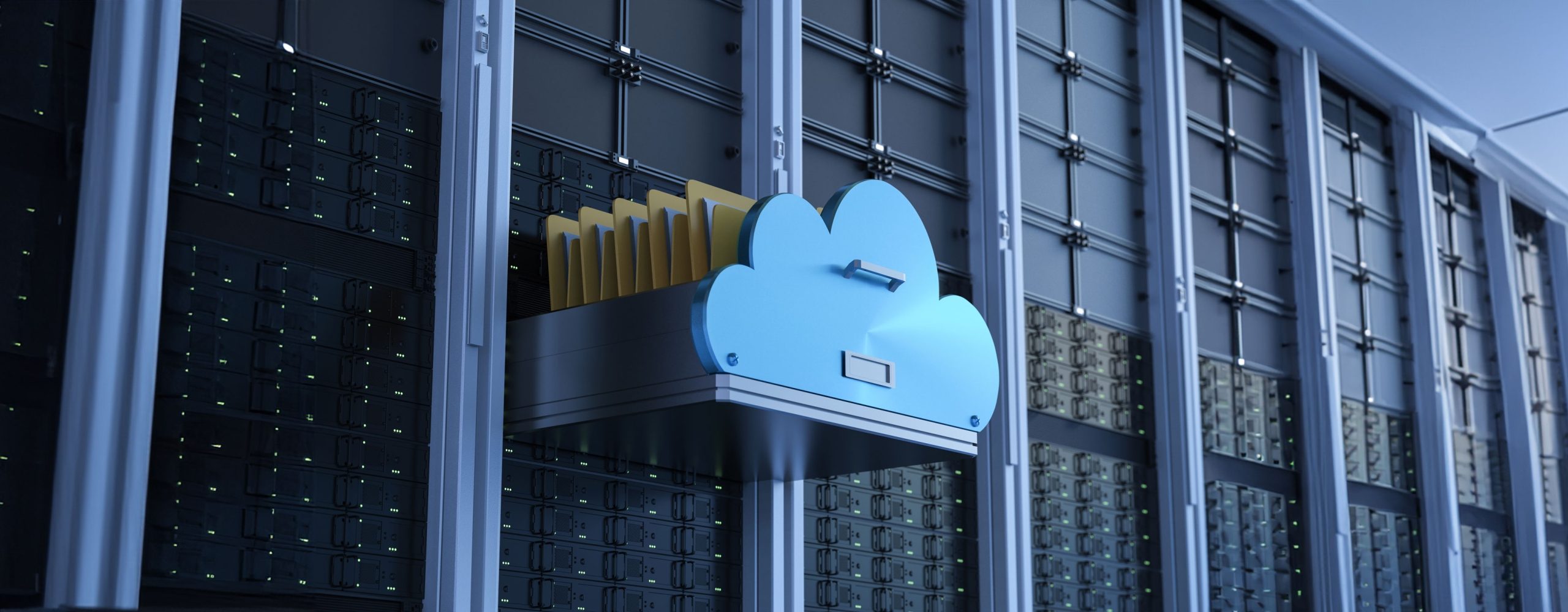 A blue cloud storage unit that is pulled out like a drawer in a server rack and contains yellow folders (files). The image visualizes cloud storage, data storage, data archiving, server infrastructure and cloud computing in the data center.