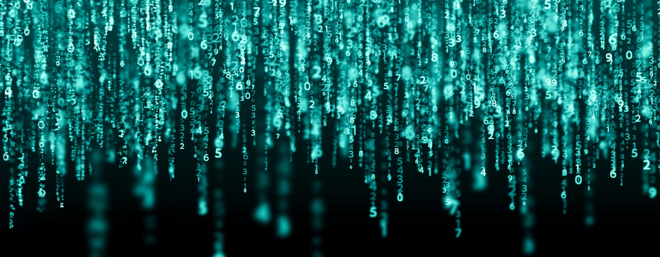 Abstraktes Bild, das den Matrix-Effekt darstellt: Leuchtende, türkisfarbene digitale Ziffern (Zahlen 0 bis 9) fallen wie Regen oder Codezeilen von oben nach unten auf einem schwarzen Hintergrund, symbolisierend Datenstrom und digitale Technologie.