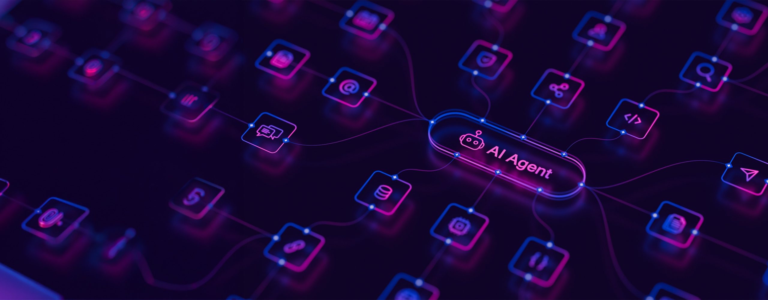 Central AI Agent node connected to various digital tool icons in a glowing blue and magenta network matrix.