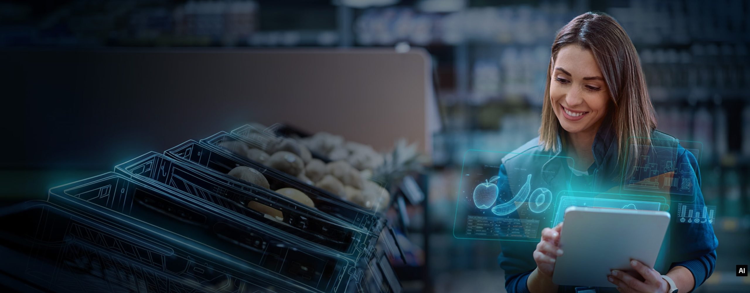 Supermarkt-Mitarbeiterin verwaltet digitalen Warenbestand für Frischeprodukte per Tablet.