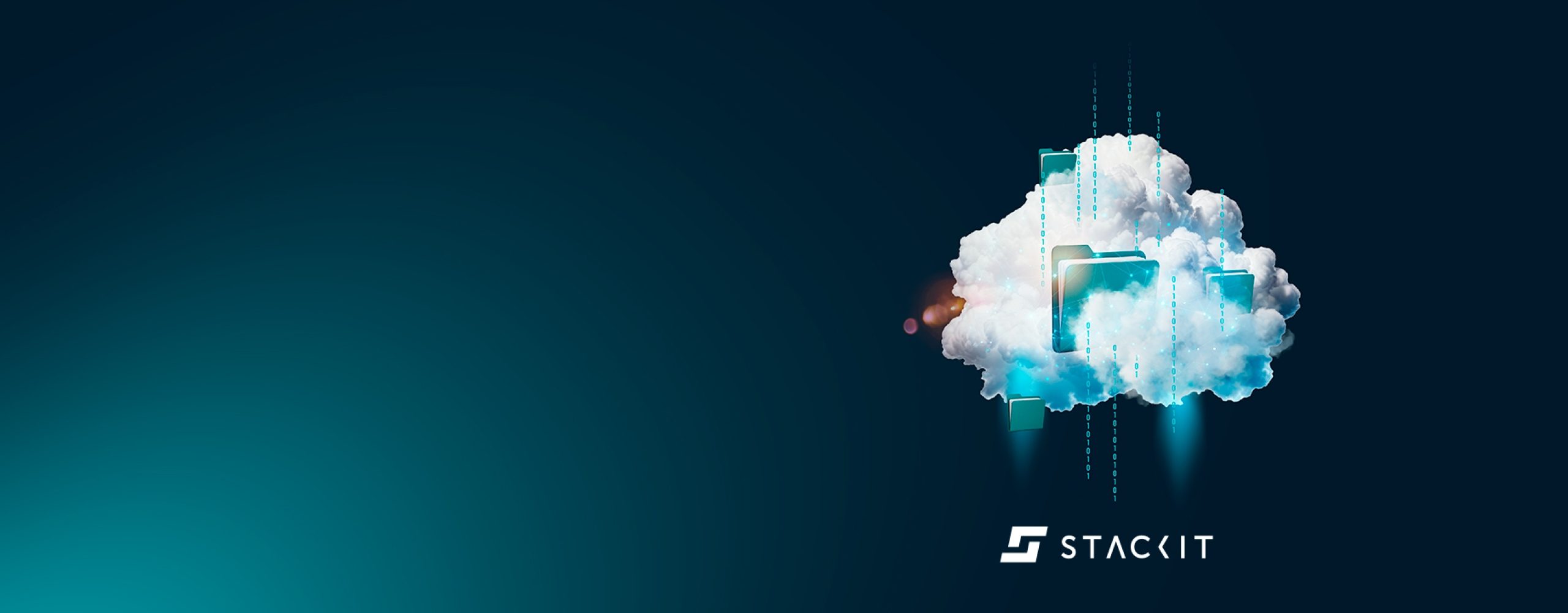 Abstrakte Darstellung einer Cloud-Infrastruktur mit digitalen Ordnern und Binärcode-Streams über dem STACKIT-Logo.