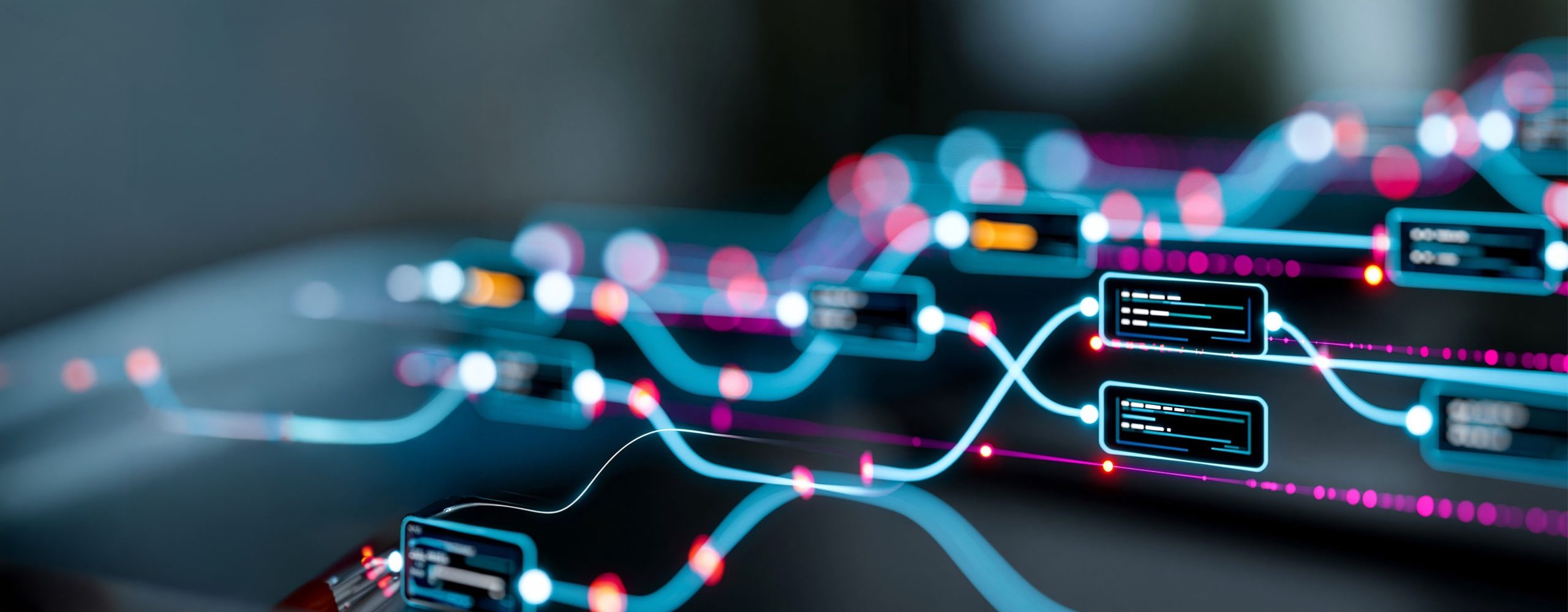 Abstract graphic of streaming data, ETL pipelines, and connected nodes in a cloud infrastructure.