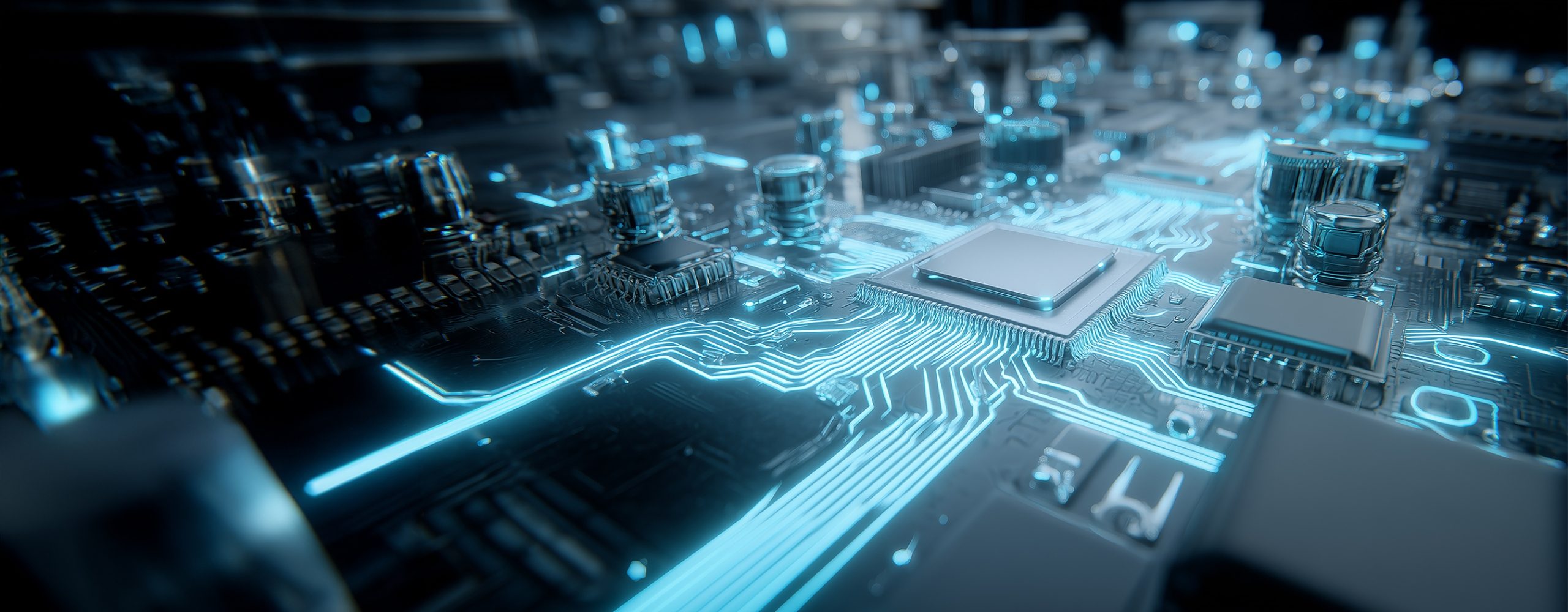 Close-up of a computer main circuit board (motherboard) with a central processor chip and glowing blue traces. Symbolizes hardware, computing power, microchips, and IT infrastructure.