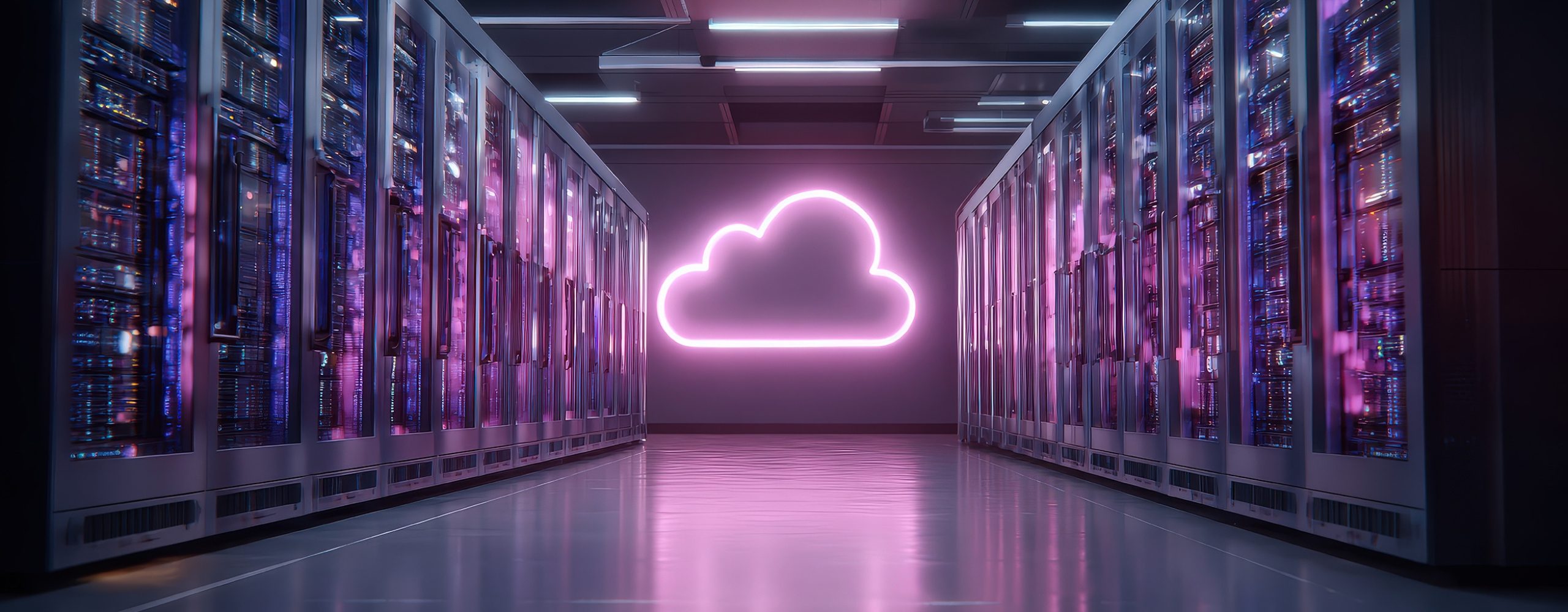 Modern data center server room featuring a glowing neon cloud icon representing hybrid cloud infrastructure and cloud computing.