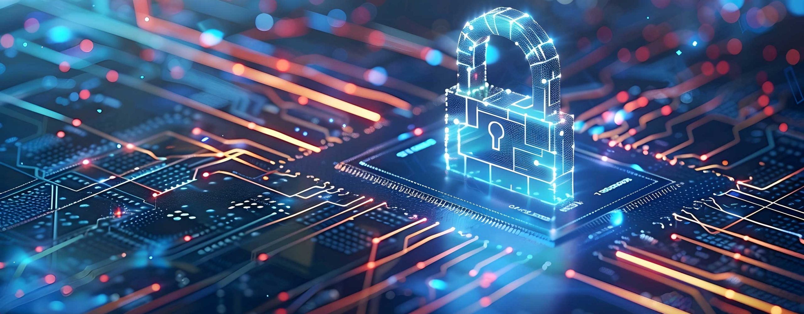 Cyber Security: Leuchtendes Schloss-Symbol auf einem Computerchip zur Datenverschlüsselung