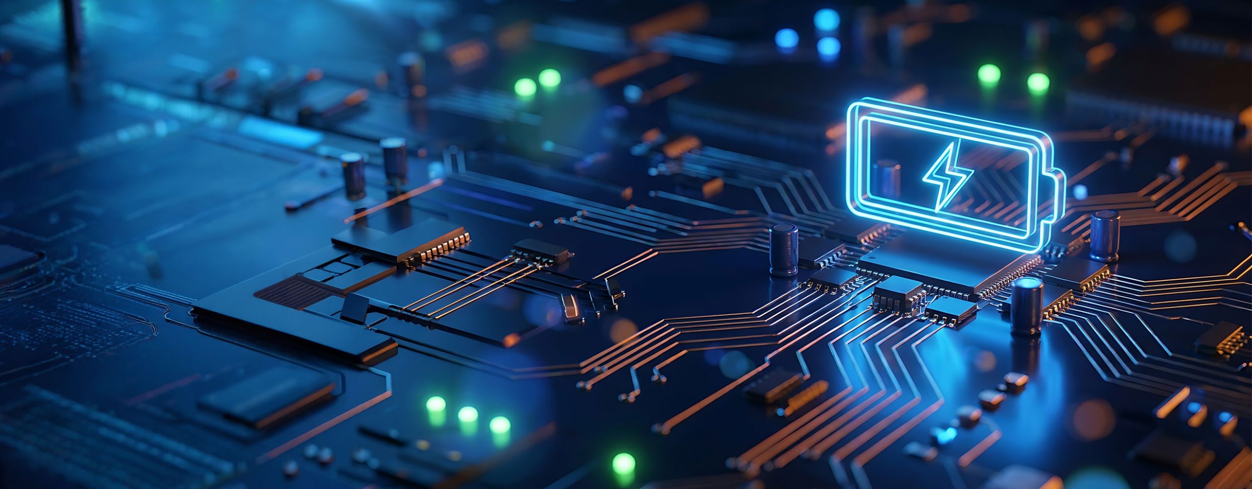 Circuit board with a glowing blue battery icon representing digital energy simulation.