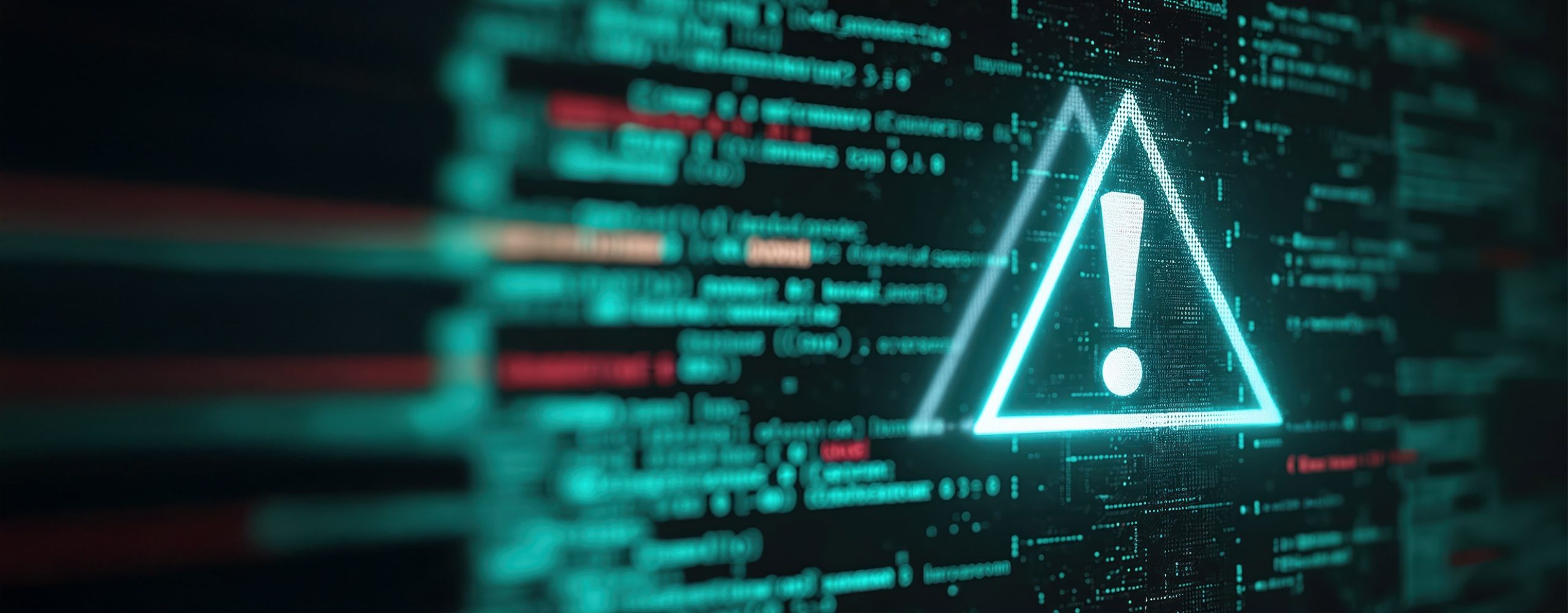 Konzeptbild für Cyber-Sicherheit mit einem digitalen Warndreieck und Ausrufezeichen über verschlüsseltem Code, symbolisiert Systemfehler, Hacking-Alarm oder Malware-Bedrohungen.