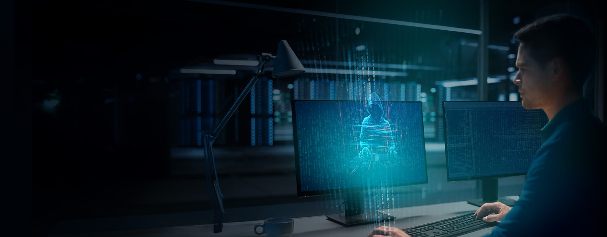 An IT specialist in a data center using the secure communication platform Wire with end-to-end encryption for messaging and video conferencing.