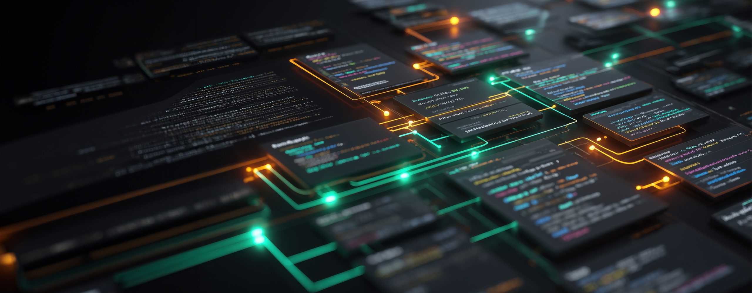 A dynamic, futuristic representation of code fragments or software modules arranged as glowing rectangles on a dark surface. Green and orange lines connect the individual code blocks, symbolizing data flows, dependencies, and the complexity of modern software architecture.