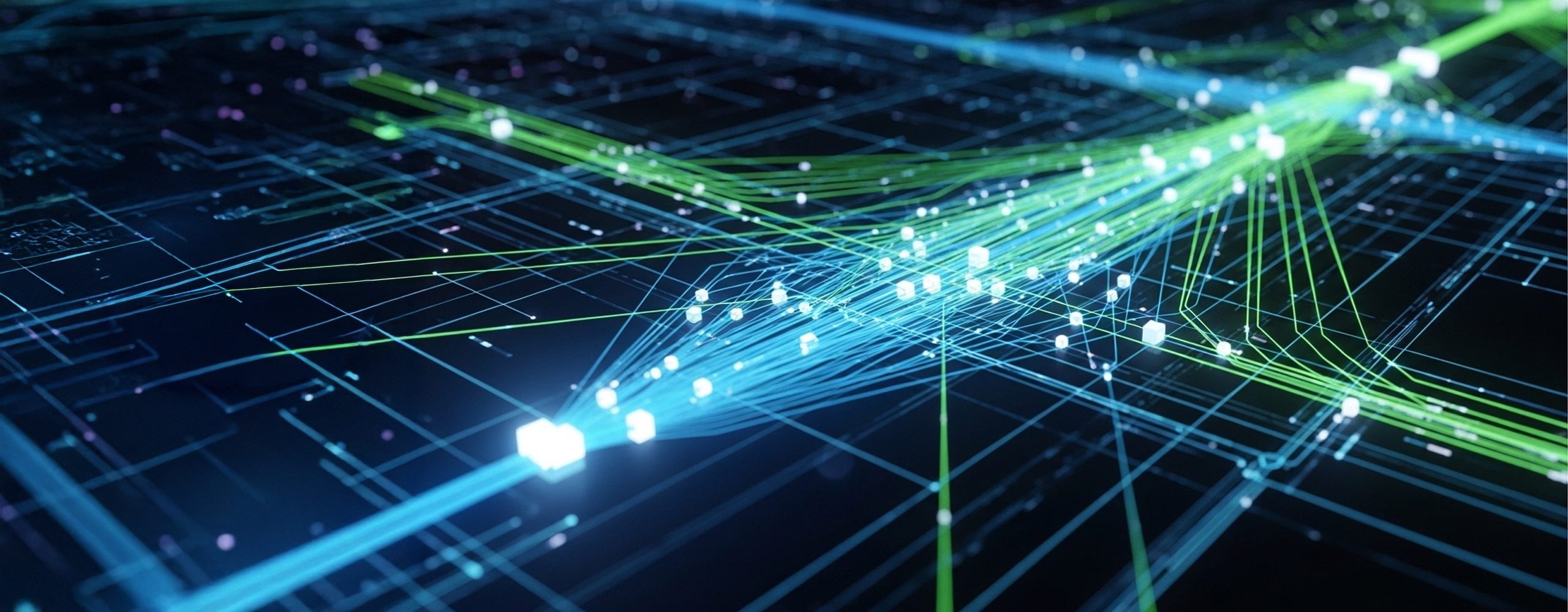 Abstrakte digitale Netzwerk-Visualisierung mit leuchtenden blauen und grünen Linien, die Datenfluss und Konnektivität darstellen.