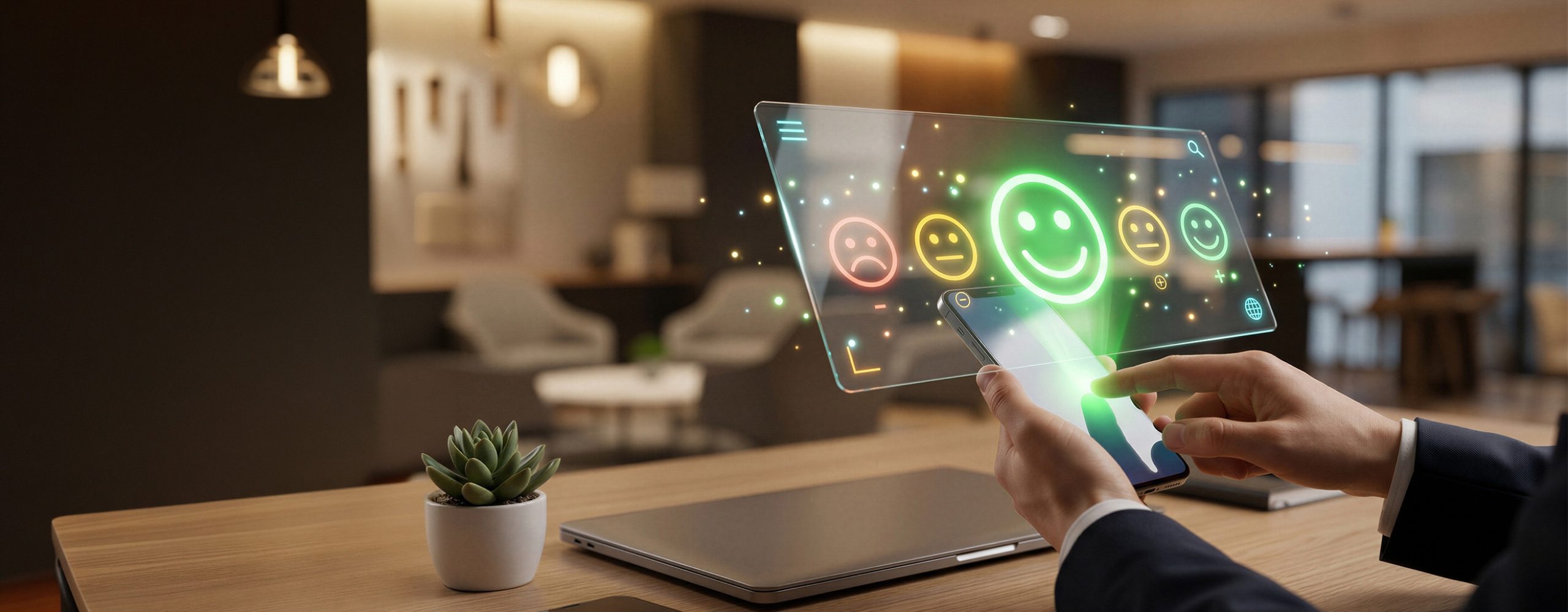 Hands holding a smartphone with a glowing digital sentiment analysis interface showing customer satisfaction smiley ratings.