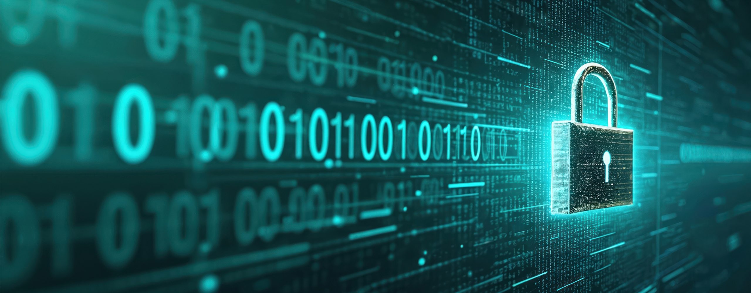 Digitales Vorhängeschloss schwebt vor einem Hintergrund aus binärem Code (Nullen und Einsen) in leuchtendem Türkis. Symbolisiert Cybersicherheit, Datenverschlüsselung und Schutz digitaler Informationen.