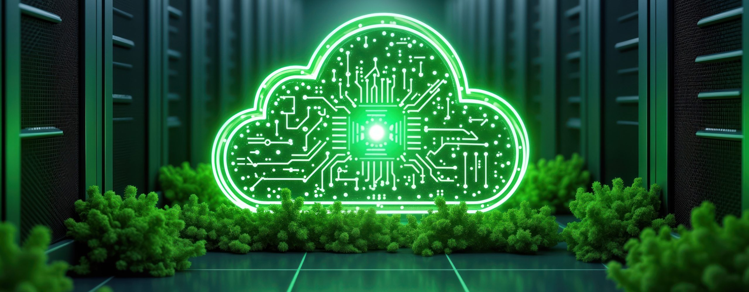 Green cloud computing symbol in server room | Sustainable IT infrastructure & data center