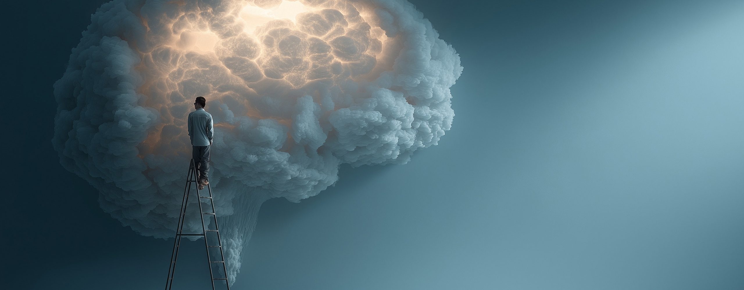 Man on ladder looks at glowing brain cloud | AI, Creativity & Innovation