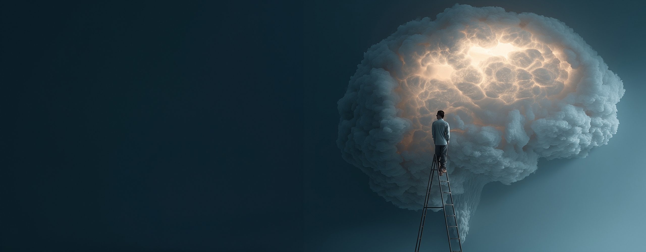Mann auf Leiter blickt auf leuchtende Gehirn-Wolke | KI, Kreativität & Innovation
